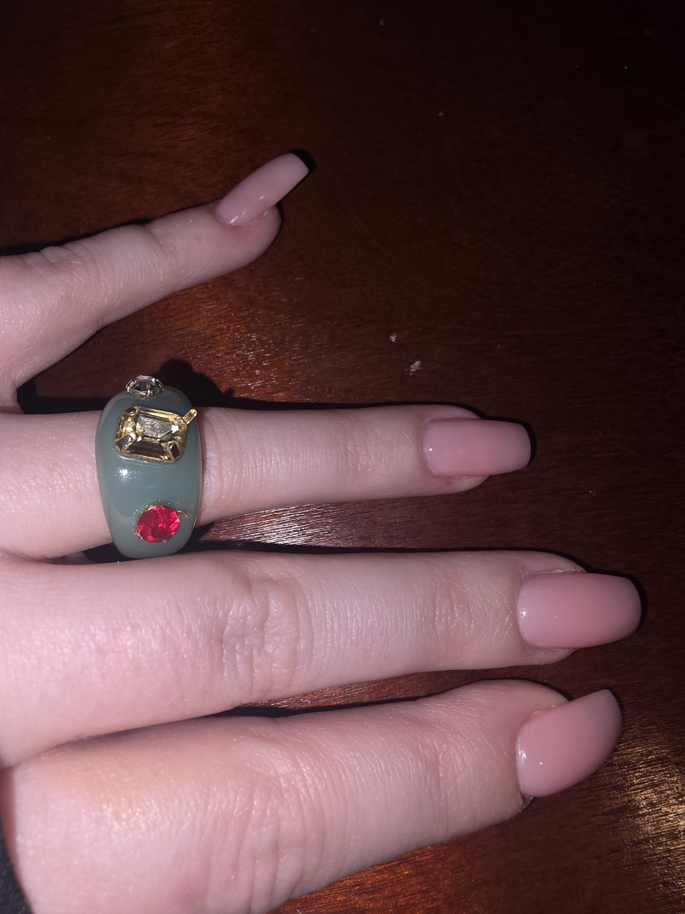 Ettika Green Resin Statement Ring with Red and Yellow Gem Accents